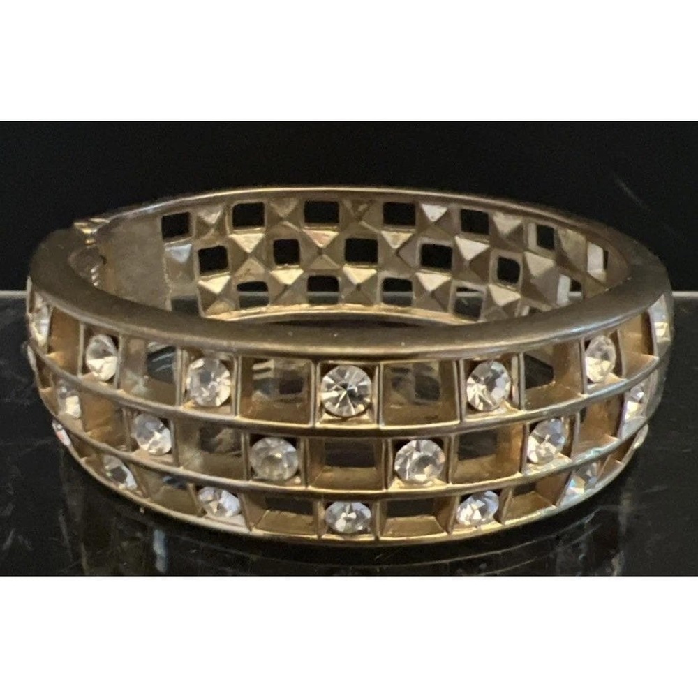 Gold Tone Lattice Hinged‎ Bangle Bracelet Clear Rhinestone Geometric Openwork
